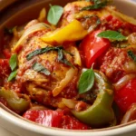Close-up of slow cooker chicken cacciatore with vibrant colors and fresh herbs.