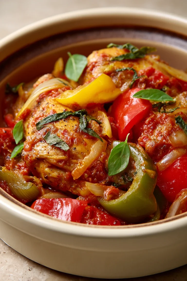 Close-up of slow cooker chicken cacciatore with vibrant colors and fresh herbs.