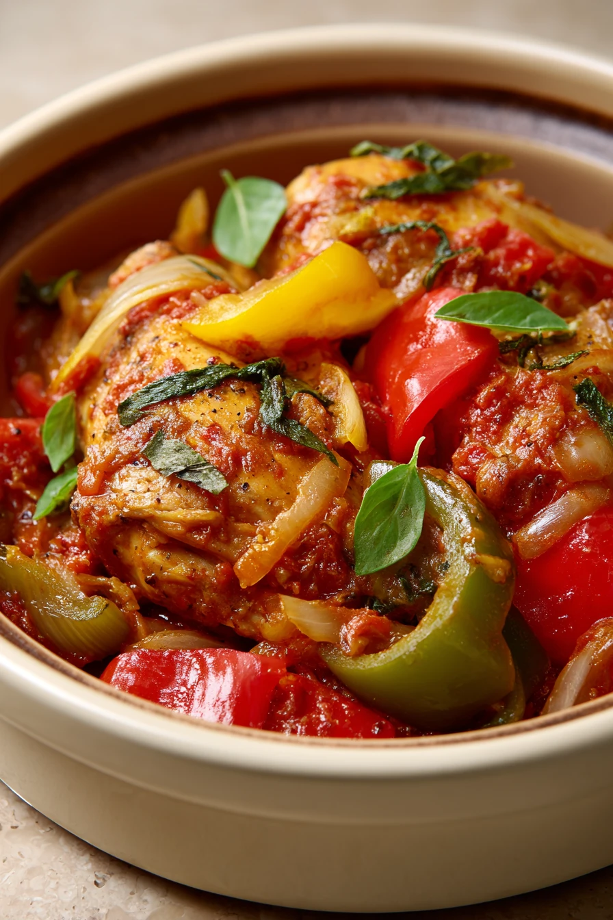 Close-up of slow cooker chicken cacciatore with vibrant colors and fresh herbs.