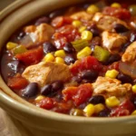 Close-up of slow cooker chicken chili with beans and herbs in a bowl