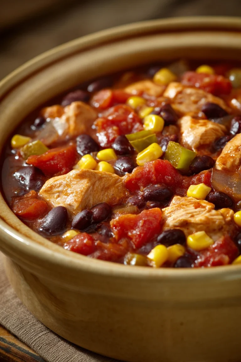 Close-up of slow cooker chicken chili with beans and herbs in a bowl