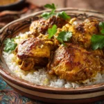 Close-up of a creamy slow cooker chicken curry with bright, natural lighting.