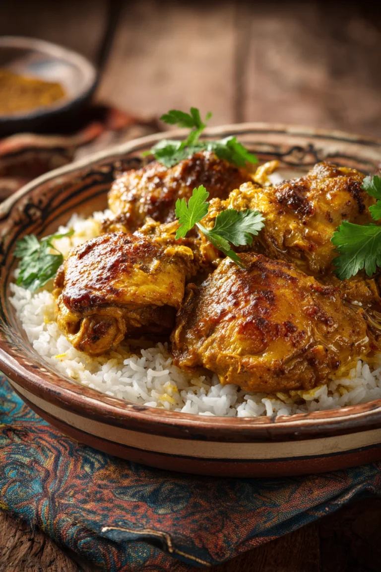 Close-up of a creamy slow cooker chicken curry with bright, natural lighting.