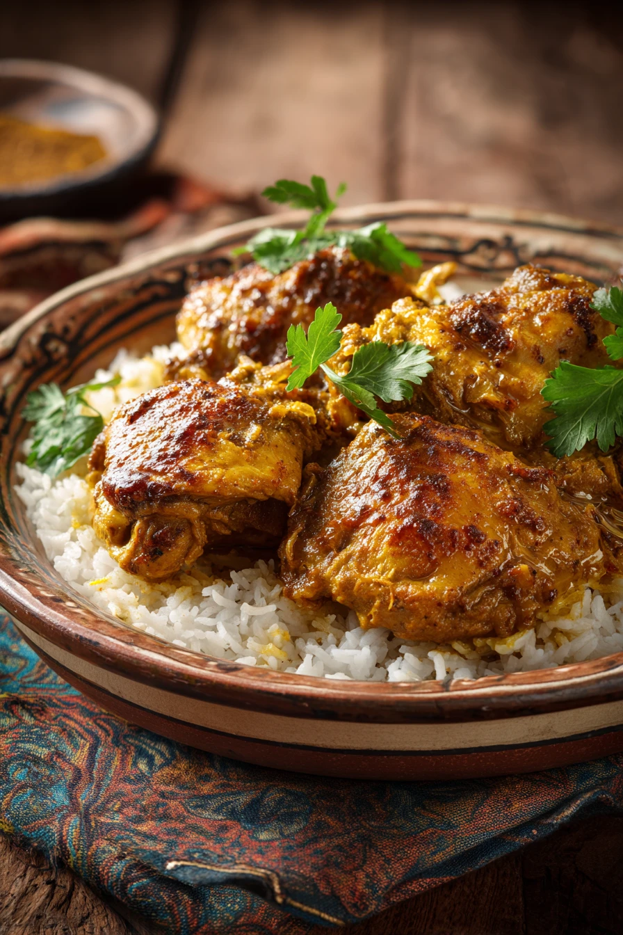 Close-up of a creamy slow cooker chicken curry with bright, natural lighting.