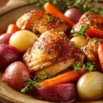 Close-up of a slow cooker chicken dinner with creamy sauce and herbs