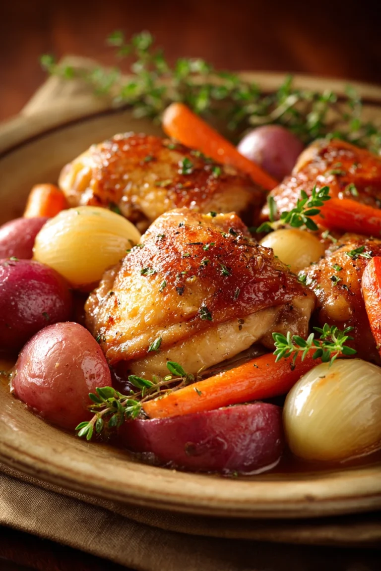 Close-up of a slow cooker chicken dinner with creamy sauce and herbs