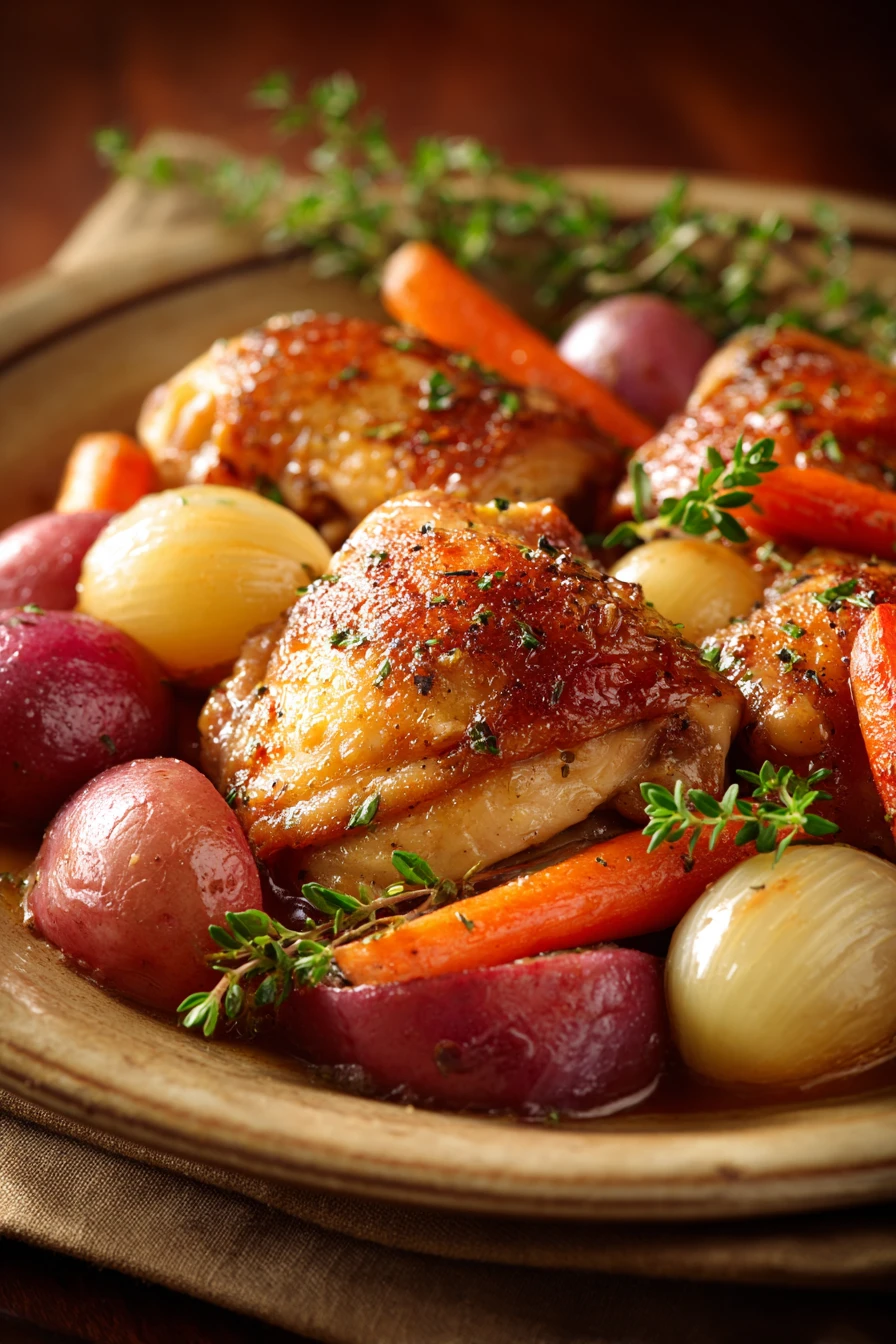 Close-up of a slow cooker chicken dinner with creamy sauce and herbs