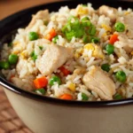 Close-up of slow cooker chicken fried rice with vibrant vegetables and tender chicken pieces.