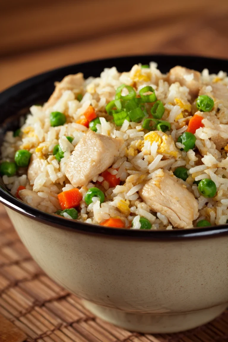 Close-up of slow cooker chicken fried rice with vibrant vegetables and tender chicken pieces.