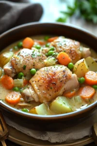Close-up of a slow cooker chicken hotpot with creamy sauce and herbs.