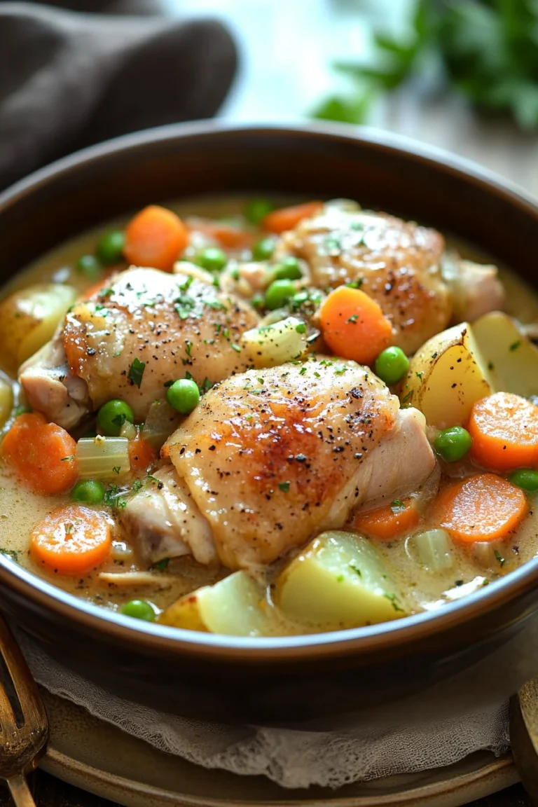 Close-up of a slow cooker chicken hotpot with creamy sauce and herbs.