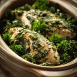 Close-up of slow cooker chicken with kale in a warm, inviting setting