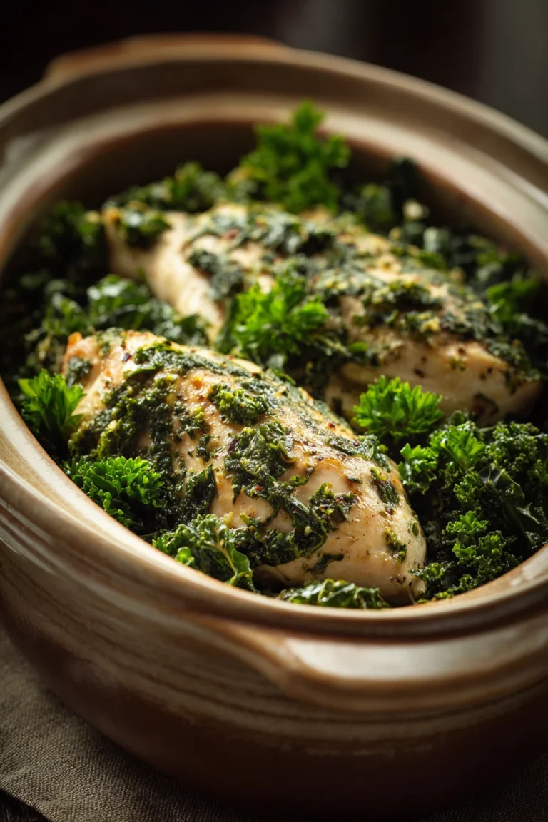 Close-up of slow cooker chicken with kale in a warm, inviting setting