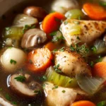 Close-up of slow cooker chicken mushroom soup with herbs and creamy broth