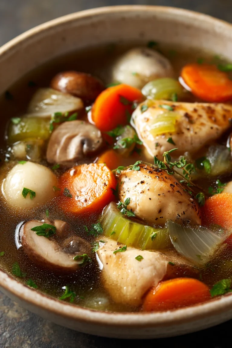 Close-up of slow cooker chicken mushroom soup with herbs and creamy broth