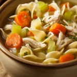 Close-up of slow cooker chicken noodle soup with noodles and vegetables in a bowl.