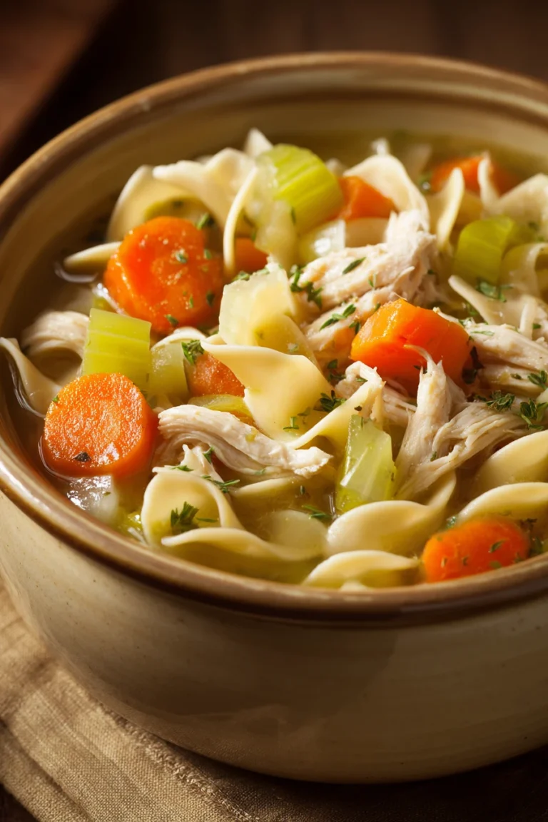 Close-up of slow cooker chicken noodle soup with noodles and vegetables in a bowl.