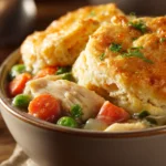Close-up of a slow cooker chicken pot pie with golden crust and creamy filling