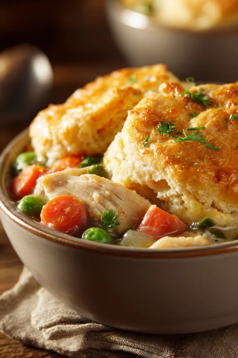 Close-up of a slow cooker chicken pot pie with golden crust and creamy filling