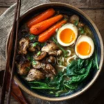 Close-up of slow cooker chicken ramen with noodles and garnishes in a bowl