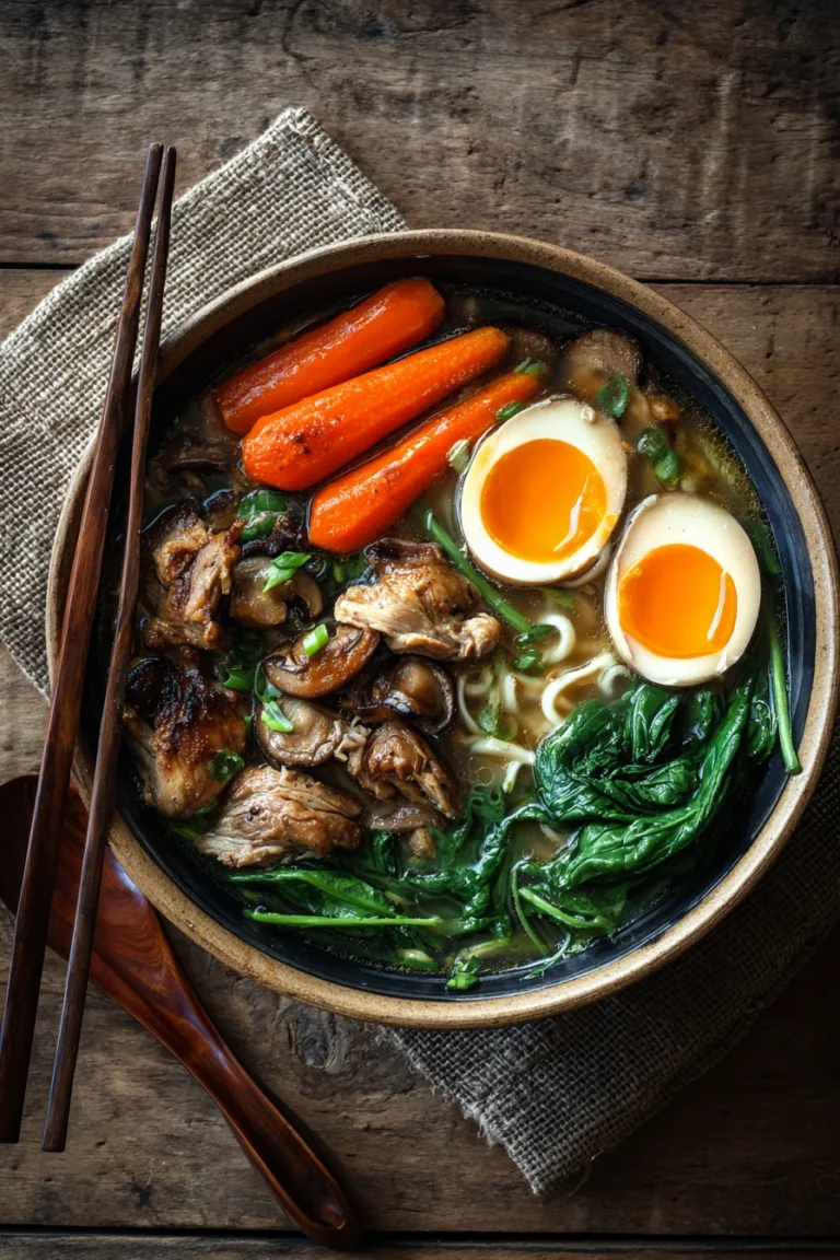 Close-up of slow cooker chicken ramen with noodles and garnishes in a bowl