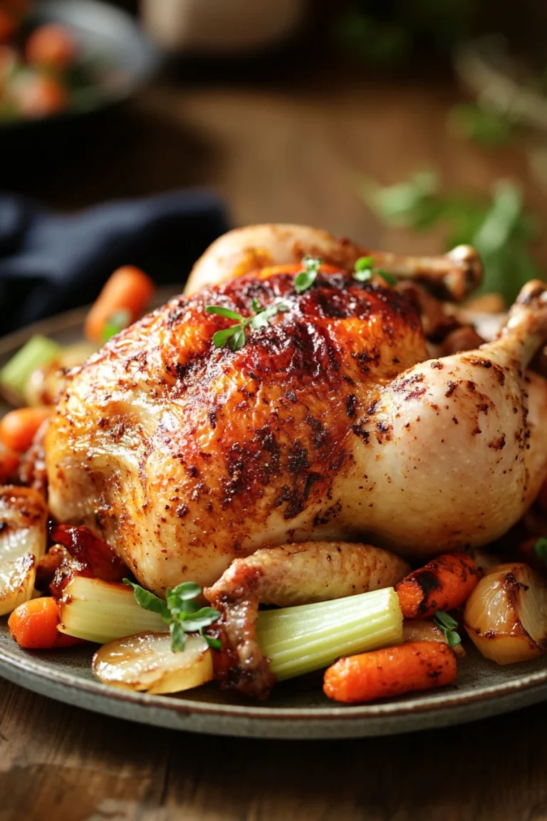 Close-up of a slow cooker chicken roast with golden brown skin and herbs