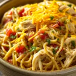 Close-up of slow cooker chicken spaghetti with creamy sauce and herbs