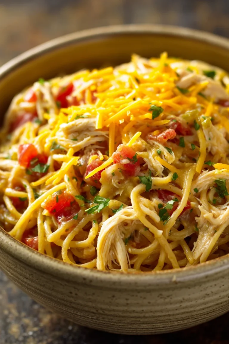 Close-up of slow cooker chicken spaghetti with creamy sauce and herbs