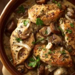 Close-up of creamy slow cooker chicken stroganoff with herbs on a white plate.