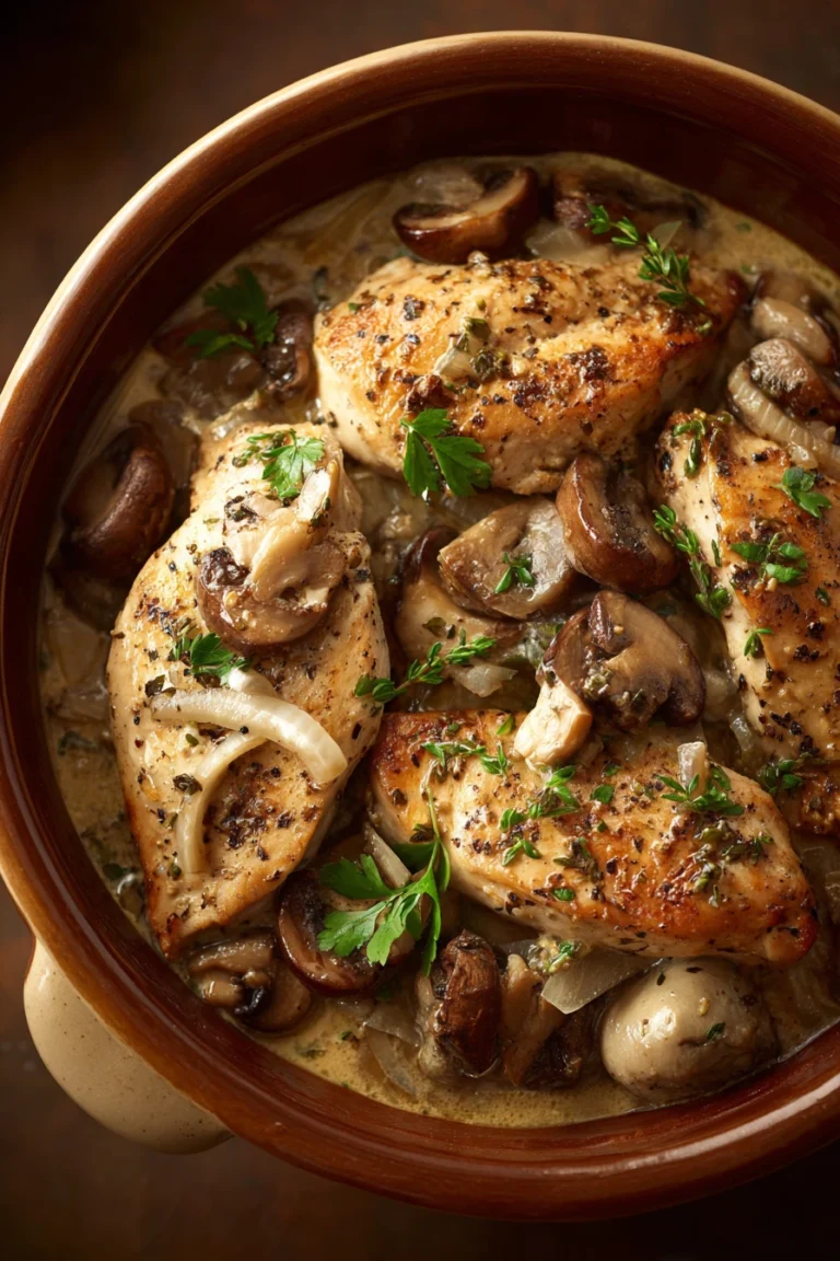 Close-up of creamy slow cooker chicken stroganoff with herbs on a white plate.