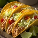 Close-up of slow cooker chicken tacos with fresh toppings and warm lighting.