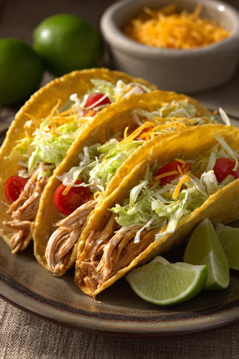 Close-up of slow cooker chicken tacos with fresh toppings and warm lighting.
