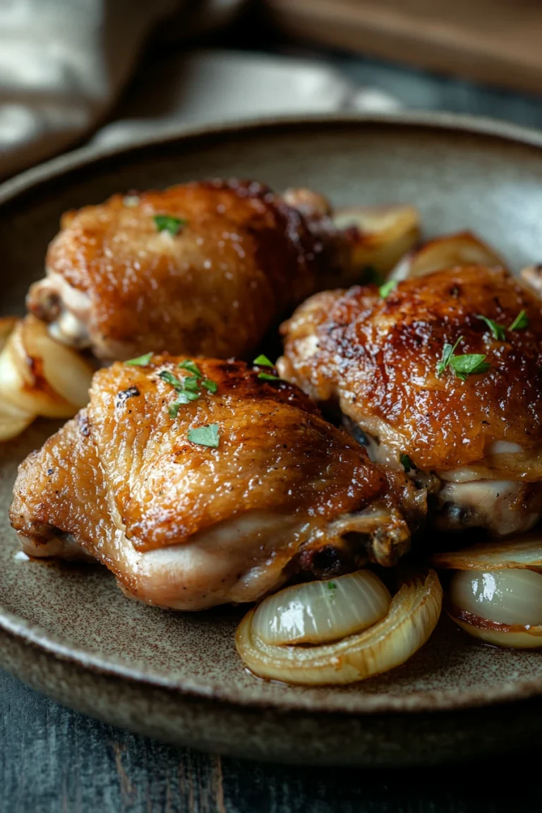 Close-up of boneless slow cooker chicken thighs in creamy sauce with herbs