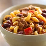 Close-up of slow cooker chili macaroni with rich sauce and pasta