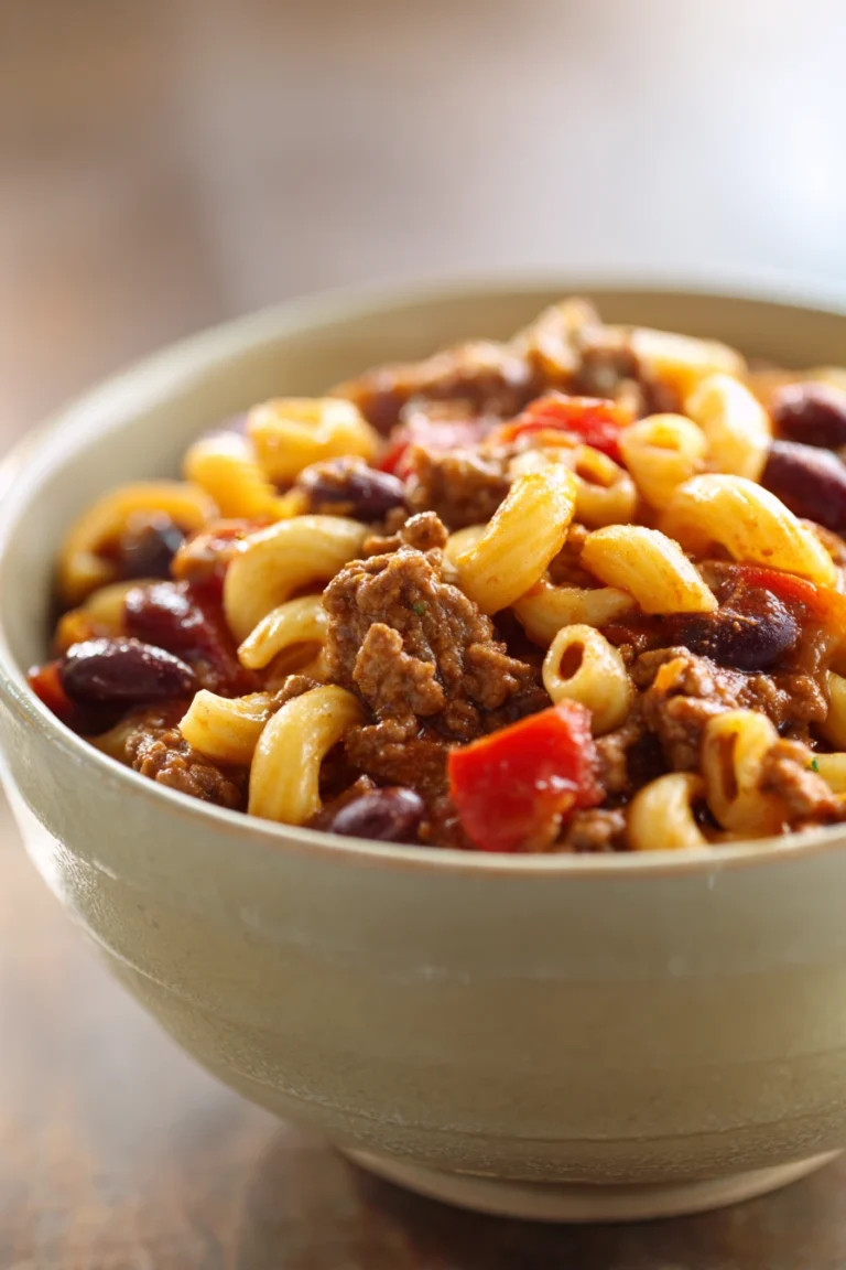 Close-up of slow cooker chili macaroni with rich sauce and pasta