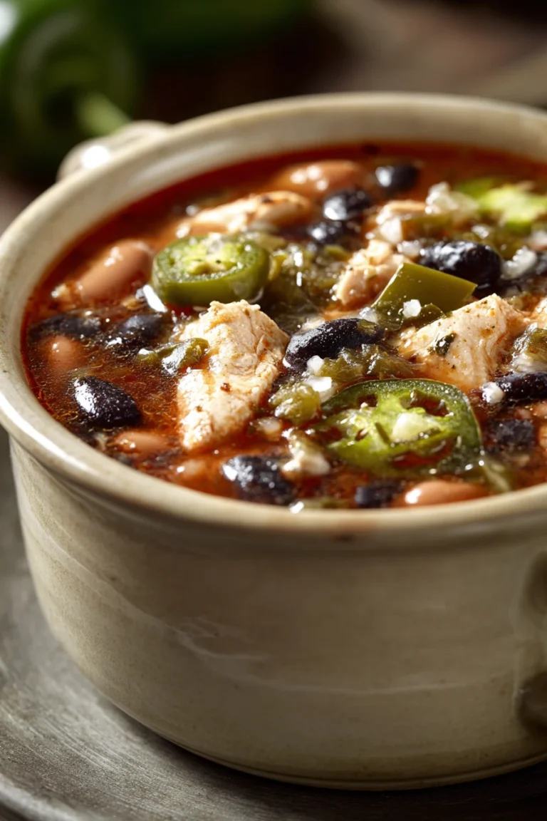 Close-up of slow cooker chili relleno soup with vibrant ingredients and creamy texture.