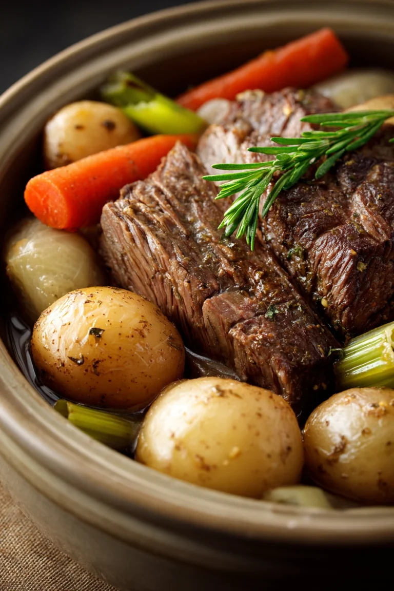 Close-up of a slow cooker pot roast with carrots and potatoes, showcasing a hearty meal.
