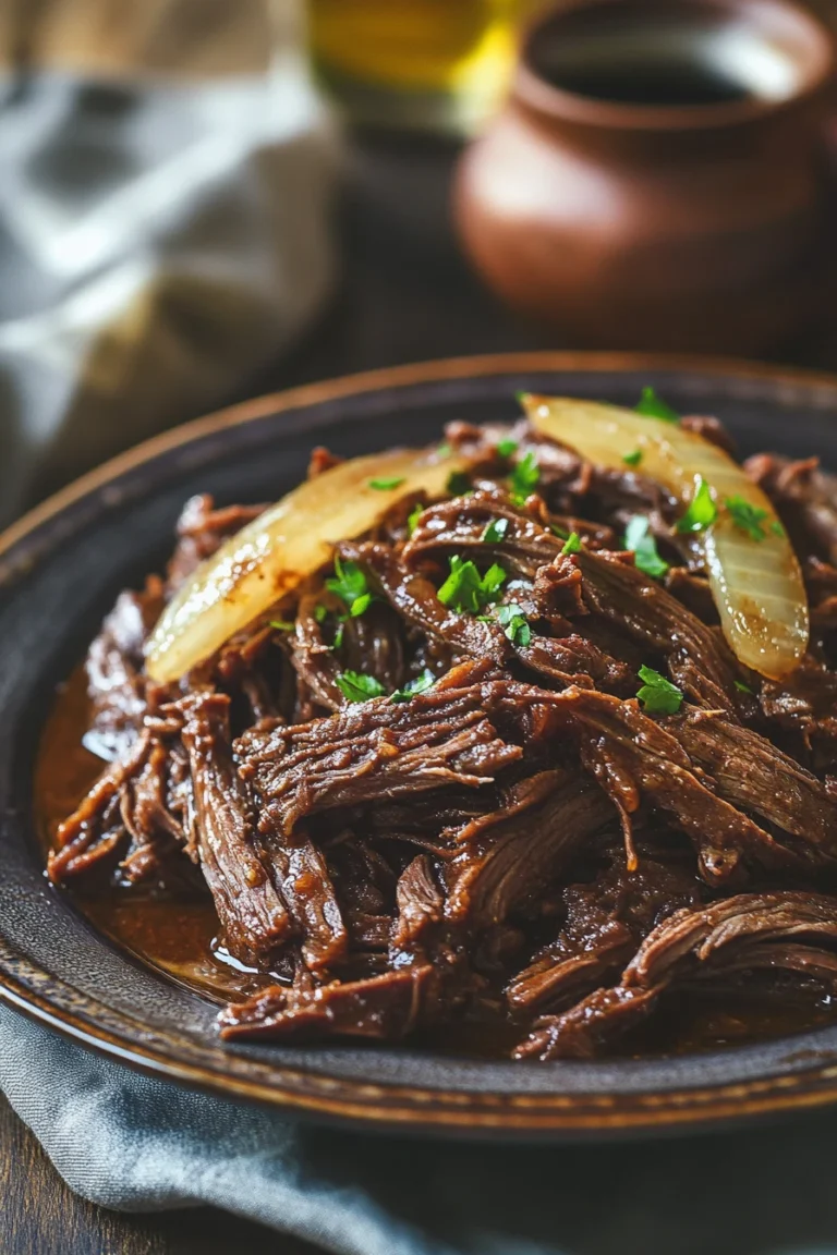 Close-up of slow cooker shredded beef with bright, warm lighting and a clean background.