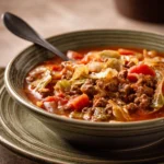 Close-up of slow cooker unstuffed low carb cabbage roll soup with visible cabbage and broth.
