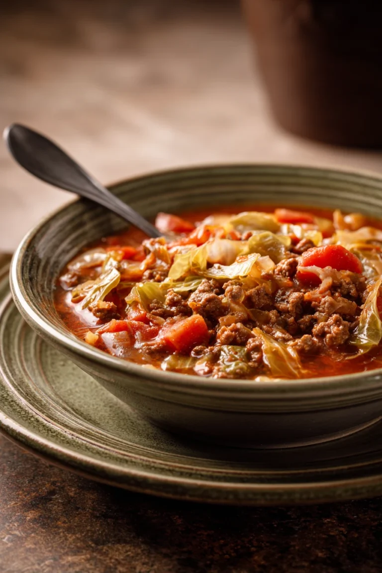 Close-up of slow cooker unstuffed low carb cabbage roll soup with visible cabbage and broth.