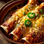 Close-up of spicy chicken enchiladas with melted cheese and creamy sauce.