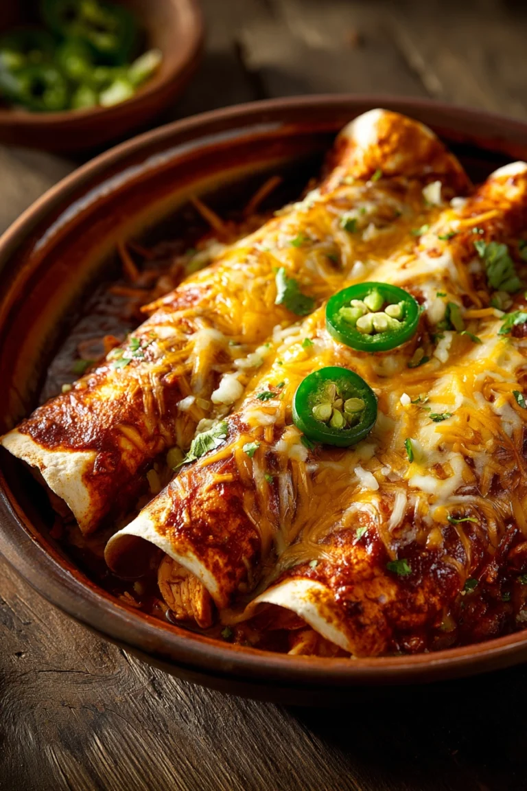 Close-up of spicy chicken enchiladas with melted cheese and creamy sauce.