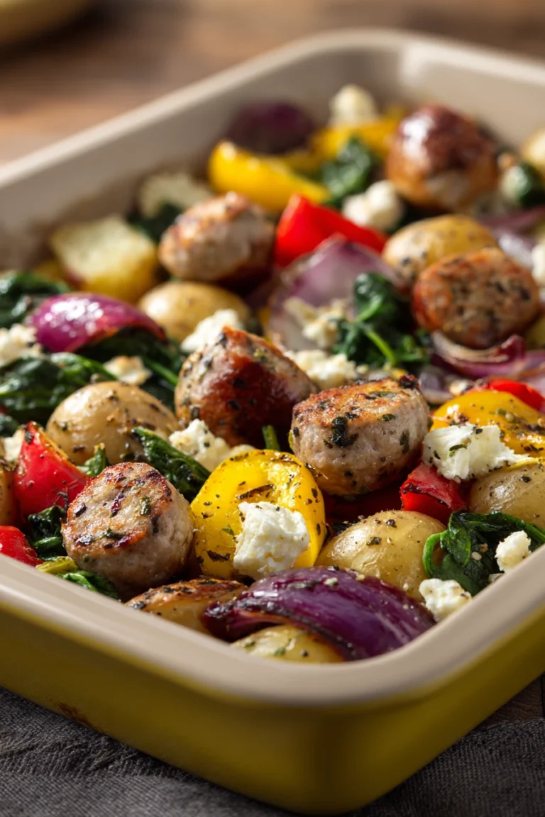 Close-up of spinach feta chicken sausage on a sheet pan with vibrant colors
