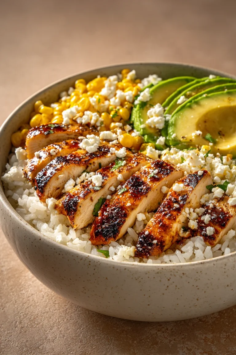 Close-up of a Street Corn Chicken Bowl with vibrant toppings and creamy sauce.