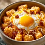 Close-up of a tater tot breakfast bowl with eggs and toppings in bright lighting