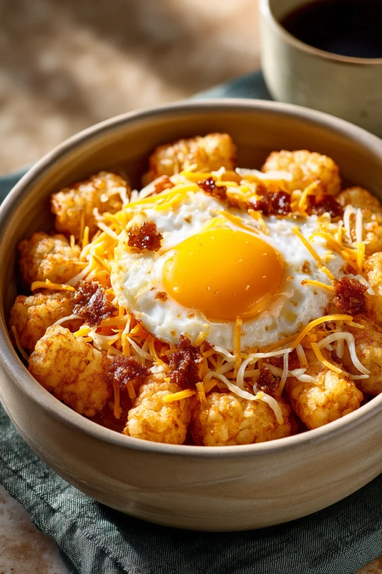 Close-up of a tater tot breakfast bowl with eggs and toppings in bright lighting