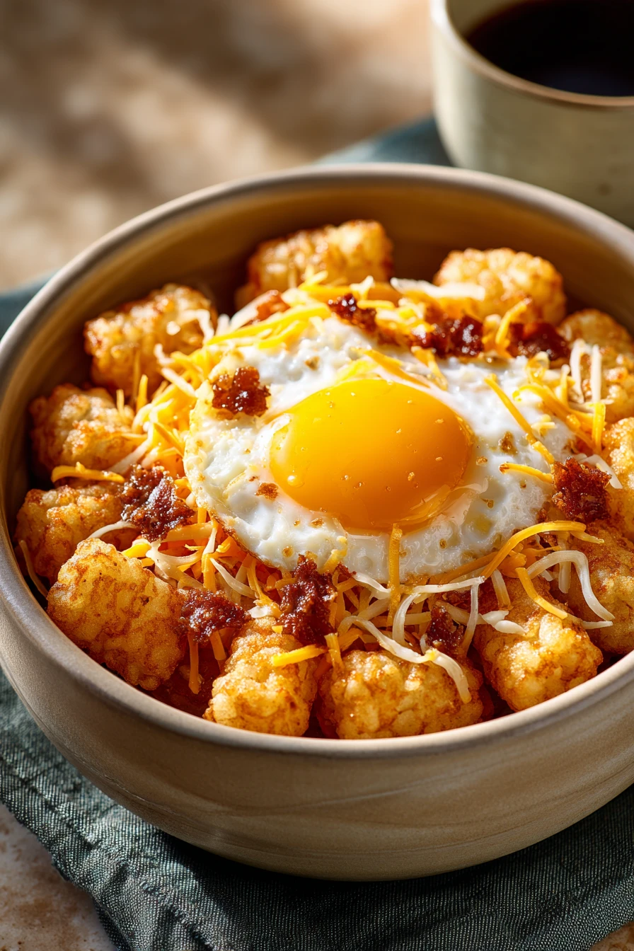 Close-up of a tater tot breakfast bowl with eggs and toppings in bright lighting