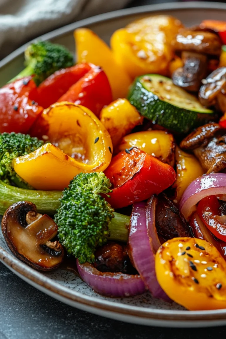 Close-up of colorful teriyaki sheet pan vegetables with a clean background