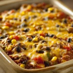 Close-up of a tex mex casserole freezer meal with melted cheese and vibrant toppings.
