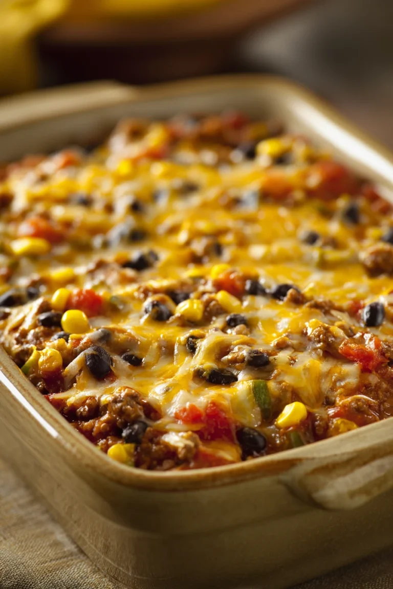 Close-up of a tex mex casserole freezer meal with melted cheese and vibrant toppings.